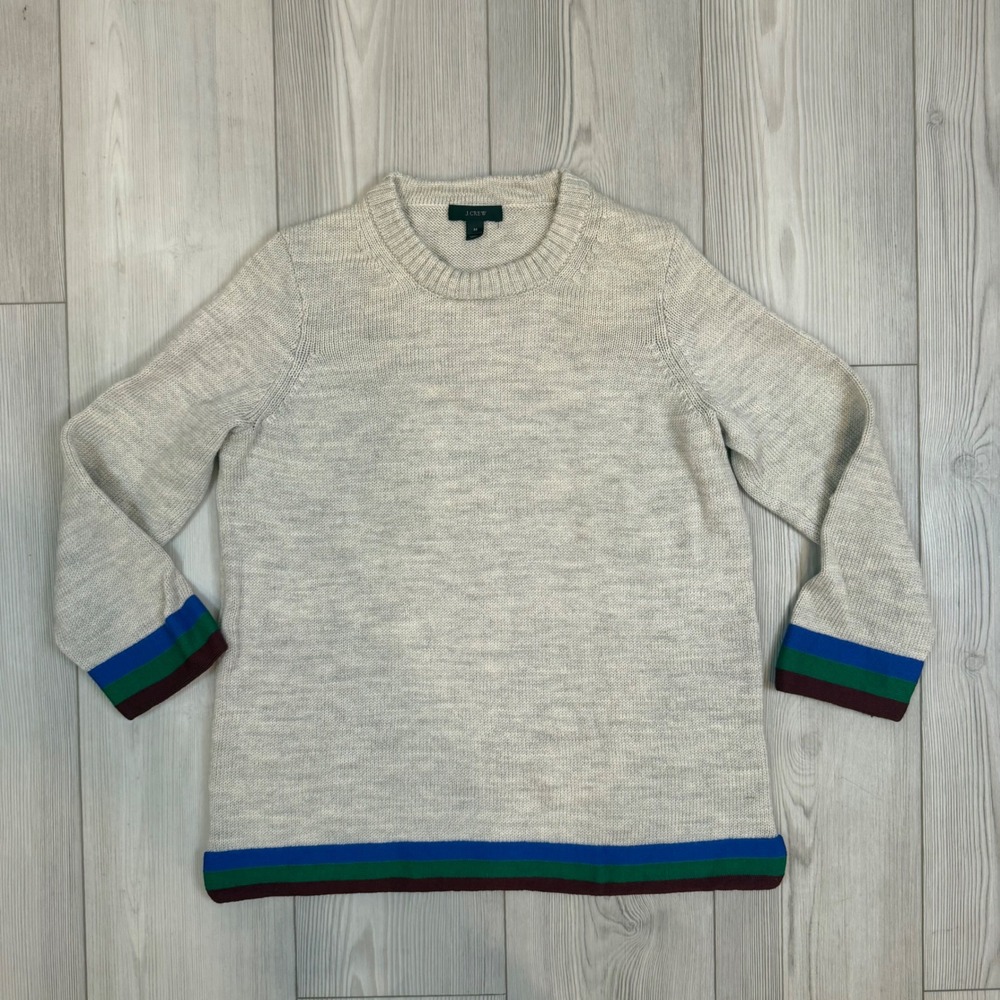 J.Crew Womens 100% Wool Striped Hem‎ Crewneck Sweater Oatmeal Gray Medium 09431